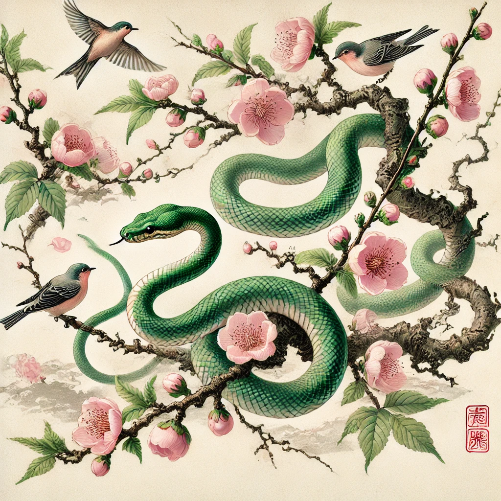 Green snake among peach blossoms